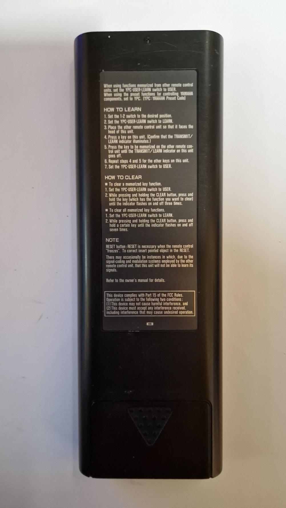 Yamaha  Remote Control - Back Image