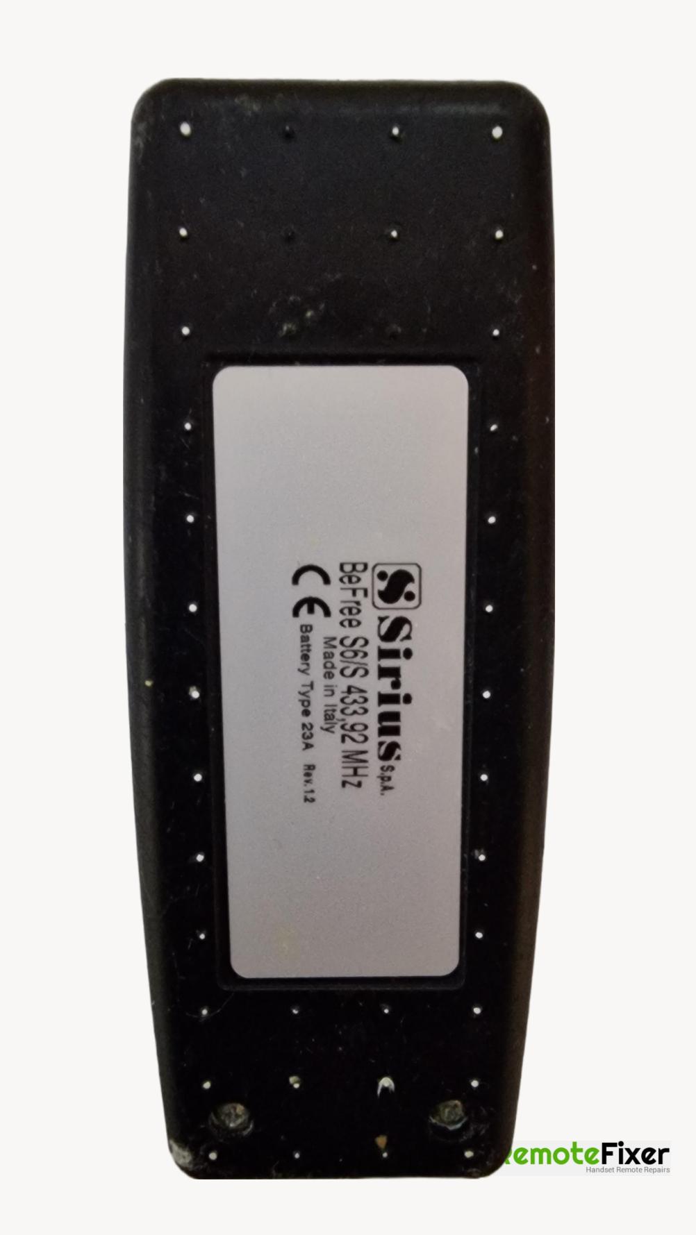 Sirius  be free s6/s 433 92 Remote Control - Back Image