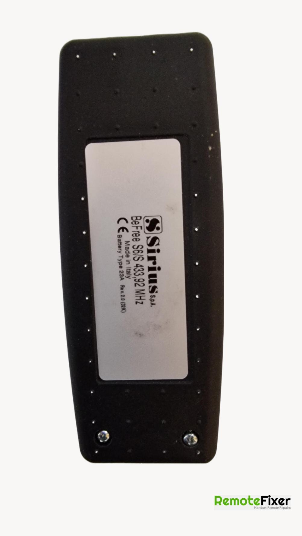 Sirius  S6/S Remote Control - Back Image